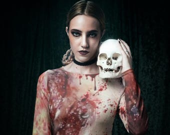 Gothic Style Corpse Women's Long Sleeve Dress, Halloween outfit, Bloody Murder Dead Dress, Cosplay Costume, Scab pus Zombie, #goth