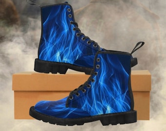 Gothic Style Womens Combat Boots Blue Fire & Flames - Burning Fire Canvas Boots - FireFighter Boots - Blazing Fire Boots - #Boots #goth