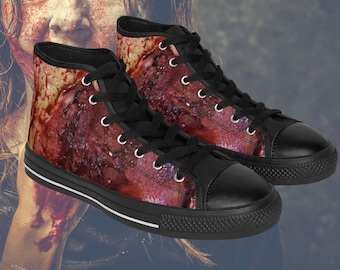 Rotten flesh Men's canvas Sneakers, Bloody burned skin Hi-top shoes, Gothic Halloween costumes, gross, scabs, wounds, death, Zombie, Cosplay