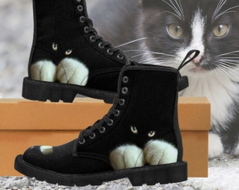 Cat lover Combat Boots, Women's Black & White kitty cat designed Canvas Boots, Tuxedo printed chunky low heel work shoes, Cosplay Halloween