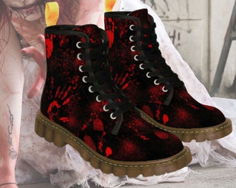 Gothic style Women's Crime Scene Chunky Low Heel Combat Boots with Bloody Hand Prints. For Vampire, Devil Vibes. #CrimeScene #bloodyboots