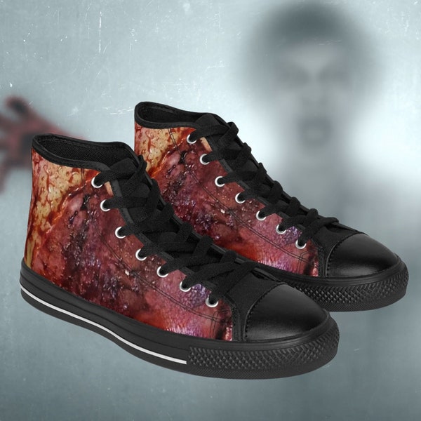 Bloody burned skin High-top shoes, Rotten flesh Men's Sneakers, Gothic Halloween gym shoes, gross, scabs, death, Zombie, Cosplay Evil