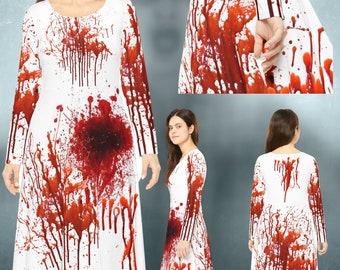 Women's Long Sleeve Dress - Blood Splatter Design - Horror Halloween Costume - Murder Mystery Outfit - Bloody Murder Dress - Cosplay Outfit