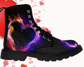 Gothic Style Neon Heart Flame Women Combat Boots - Burning Love Fire Canvas Boots - Flaming Hot Boots - Love Boots - #HotLove #combatboots