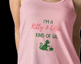 Coffee and kitty tank top, Women kitten love coffee funny Flowy Racerback Cat Tank top, feline summer shirt