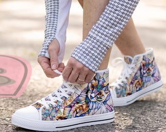 Kaleidoscope Cat Artsy High-Top Sneakers | Trendy Colorful Feline Footwear l Kitty Cat Shoes