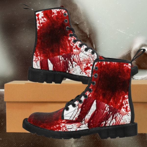 Zombie Men's Blood Splatter Combat Boots! Gothic Halloween cosplay canvas boots for a bold, vampiric style. #GothicBoots #HalloweenCosplay