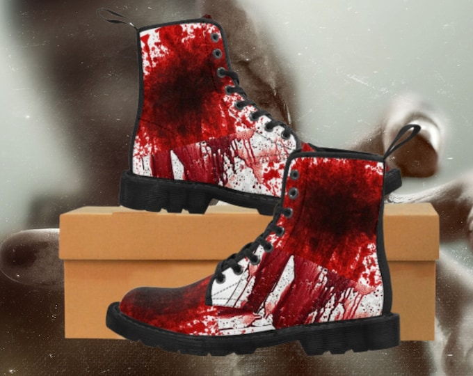 Featured listing image: Zombie Men's Blood Splatter Combat Boots! Gothic Halloween cosplay canvas boots for a bold, vampiric style. #GothicBoots #HalloweenCosplay