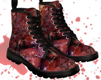Gothic Schwarze Sohle Blutige Kampfstiefel - Damen Rotten Flesh Militär verbrannter Körper Chunky Low Boots #HalloweenFashion