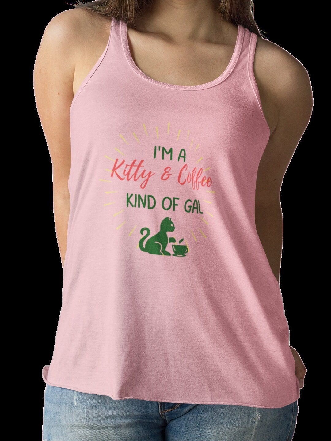Coffee and Kitty Tank Top, Women Kitten Love Coffee Funny Flowy
