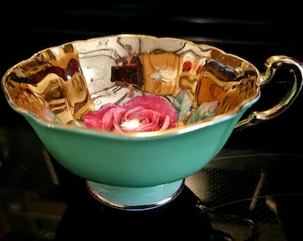 Vintage Paragon Bone China Teacup: Green & Gold Floating Cabbage Rose