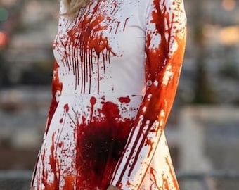 Horror Movie Slasher Maxi Dress | Scary Film Halloween Costume | Classic Thriller Blood Splatter Gown | Spooky Cinema Cosplay