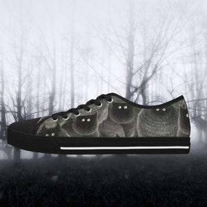 Black Cat Women&#39;s Low Top Sneakers, Love Black Cats shoes, Scary Halloween kitty tennis shoes, Gothic, Feline basketball shoes.