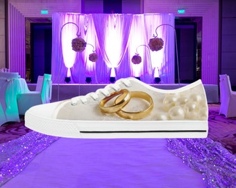 Wedding Shoes, I Do,  Bridal Gold rings Women's Low Top Sneakers, Brides Tennis Shoes, Wed Reception, Gift from Maid of Honor or Bridesmaids