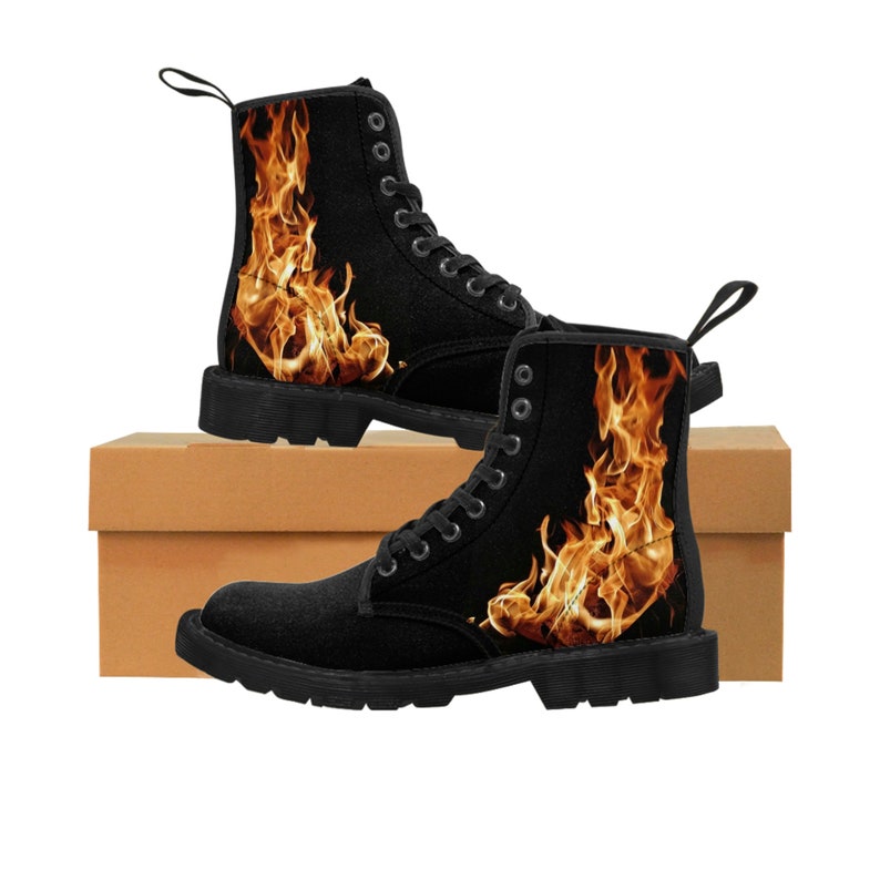 Combat Boots Men's Fire & Flames Printed Chunky Low Heel Etsy