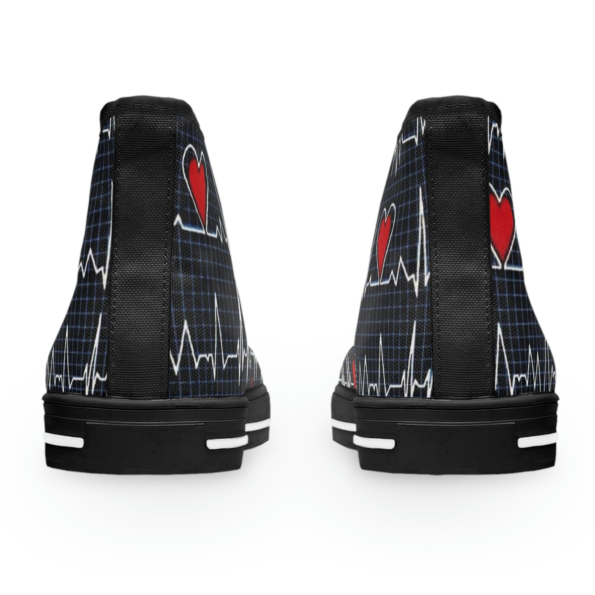 Heart & Ecg Print Canvas Shoes, Lace Up High Top Thick Soled