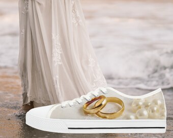 I Do Wedding Shoes, Bridal Gold rings Women's Low Top Sneakers, Brides Tennis Shoes, Wed Reception, Gift from Maid of Honor or Bridesmaids