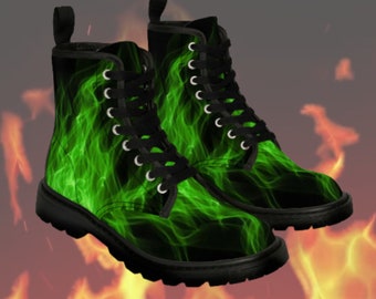 Gothic Style Green Fire & Flames Women Combat Boots - Burning Fire Canvas Boots -FireFighter Boots - Blazing Fire Boots - #FireFlame