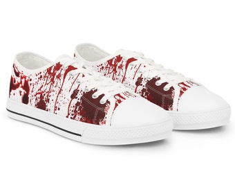 Murder Bloody Crime Scene Low Top Sneakers, Gothic Homicide shoes, Vampire blood, Halloween party, Satanic Horror evil Spooky