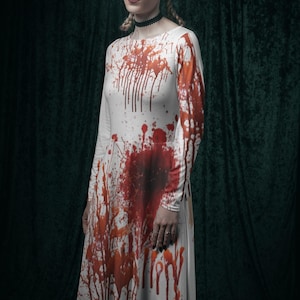 Blood splattered Women&#39;s Long Sleeve Dress, Murder Dress crime scene clothing, Horror evil homicide Halloween scoop neck, Cosplay outfit