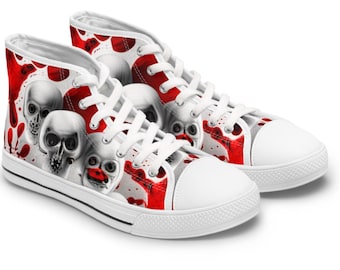 Skulls and Blood Women's High Top Sneakers, Gothic Combat Boots, Halloween or costume footwear