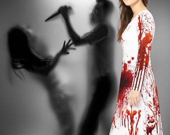 Women's Long Sleeve Dress - Blood Splatter Design - Horror Halloween Costume - Murder Mystery Outfit - Bloody Murder Dress - Cosplay Outfit