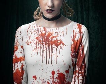Halloween bloody Murder Dress Women's Long Sleeve Dance Dress, Blood Splattered crime scene clothing, Dead Evil Zombie, Wiccan Witchcraft