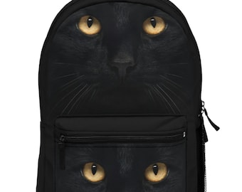 Black cat Backpack, golden kitty eyes travel bag, love cats back to school or work bag. Spooky Halloween bag gift