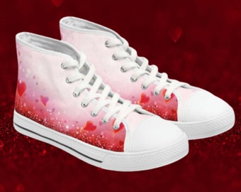 In Love with Hearts Hi Tops! Women's red and pink canvas High Top Sneakers – Sweetheart converse style. Love-themed shoes