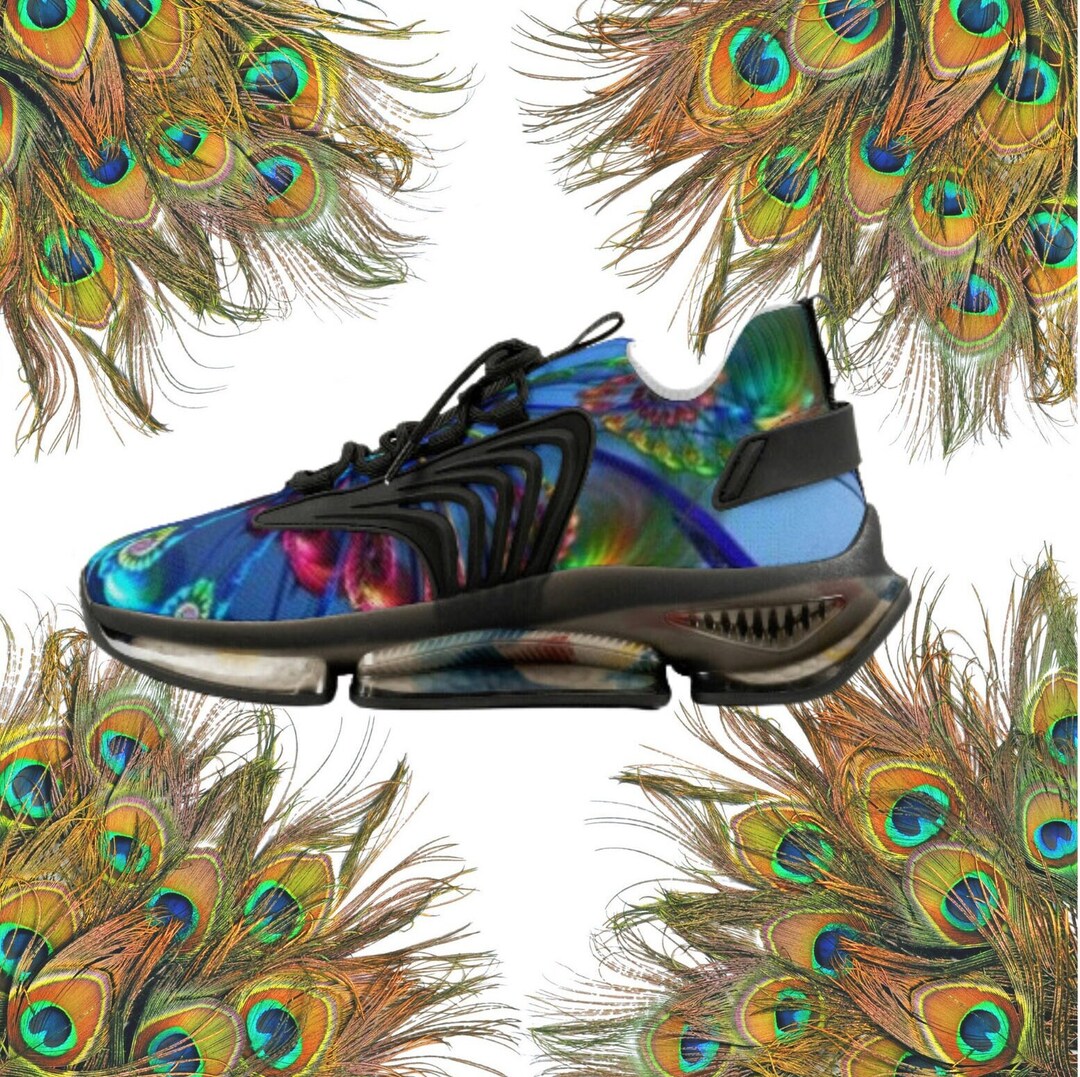 Feather Peacock Pattern Print Black Sneaker Shoes For Men Women