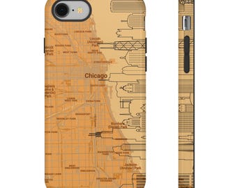 Phone Case, Chicago Skyline View Map Tough Case, Cool USA Chicago Lover Cover, iPhone 8-16, Illinois, Gift for Him, Protective Mobile Skin,