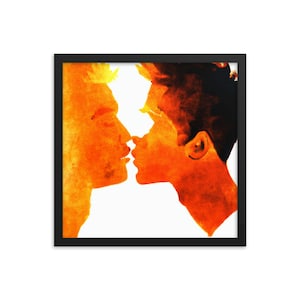 Gay Artwork - Classy Wall Print- Two Boys Kissing - Golden artwork on photo paper with wooden frame. Multiple Frame colors available.