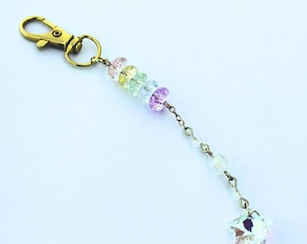 Rainbow Stack Star Drop Bag Charm – Clear Quartz Crystal Keychain, Pastel Rainbow Charm, Cute Bag Accessory