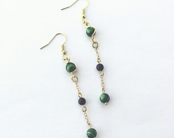 Malachite and Obsidian Swirl Dangle Drop Earrings | Green, Black, and Gold | Gold Tone Findings | Gemstone Earrings | Protection and Growth
