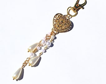 Victorian Golden Heart Pearl Bag Charm: Elegant Purse/Keychain Accessory | Clip On Charm