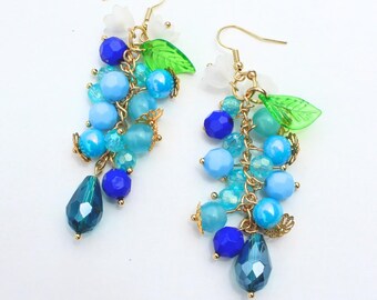 Blueberry Bunches Dangle Drop Earrings | Blue, Green, and Gold | Gold Tone Findings | Fruit Earrings