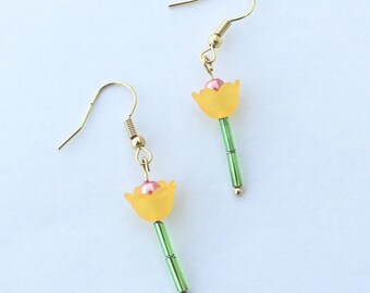 Orange Tulip Drop Earrings | Orange and Green | Gold Tone Findings | Springtime Floral Earrings | Tulip Earrings | Orange Poppy Earrings