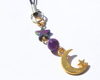 Amethyst Hematite Moon Phone Charm: Celestial Star Beaded Strap