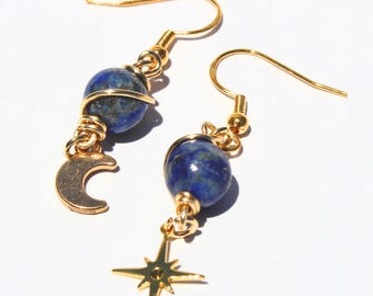Lapis Lazuli Star Moon Earrings: Gold Plated 925 Silver Hooks