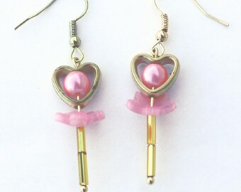 Pink Magical Girl Wand Drop Earrings | Pink and Gold | Gold Tone Findings | Magical Wand Earrings | Heart Earrings | Sakura Earrings