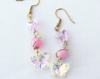 Pink Rose Quartz Butterfly Drop Earrings | Pink, Clear, and Gold | Gold Tone Findings | Rose Quartz Earrings | Butterfly Earrings | Gemstone