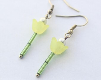 Yellow Tulip Drop Earrings | Yellow and Green | Gold Tone Findings | Springtime Floral Earrings | Tulip Earrings