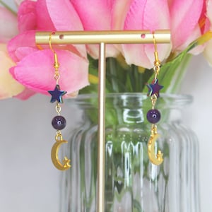 Amethyst Moon Star Earrings – Celestial Drop Earrings, Gold Moon Charm Jewelry, Purple Gemstone Earrings for Women, Witchy Y2K Aesthetic