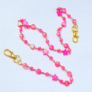 Pink Celestial Bag Chain - Kawaii Heart & Star Charm - Pink Beaded Keychain Clip for Purse, Jeans or Phone - Y2K Coquette Accessory
