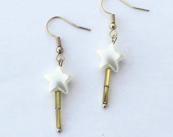 Pearl Star Wand Drop Earrings | White and Gold | Gold Tone Findings | Magical Wand Earrings | Star Earrings | White Earrings