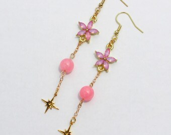 Pink Sakura Rose Quartz Starburst Chain Drop Earrings | Pink and Gold | Gold Tone Findings | Floral Earrings | Gemstone Earrings