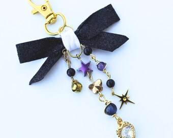 Black Celestial Bag Charm with Gemstones | Astronomical Bag Charm with Blue Tiger’s Eye, Amethyst and Obsidian – Gothic Witchy Cute Keychain
