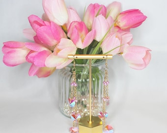 Pink Heart Drop Earrings: Handmade Chain Suncatcher Earrings