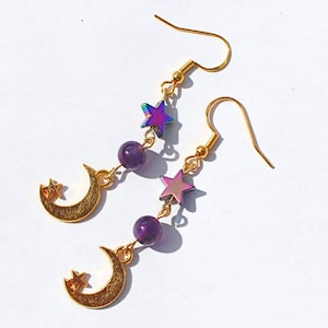 Amethyst Moon Star Earrings – Celestial Drop Earrings, Gold Moon Charm Jewelry, Purple Gemstone Earrings for Women, Witchy Y2K Aesthetic