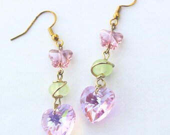 Pink Butterfly and Yellow Citrine Drop Earrings | Pink, Yellow, and Gold | Gold Tone Findings | Yellow Citrine Earrings | Butterfly Earrings